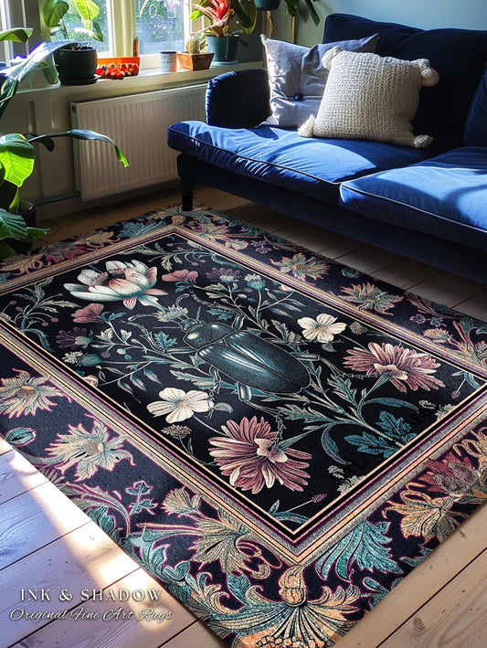 Witchy Whimsigothic Scarab Beetle Rug Enchanted Dark Academia Decor, Mystical Floral Art Victorian Gothic Cottagecore Bug Botanical Accent