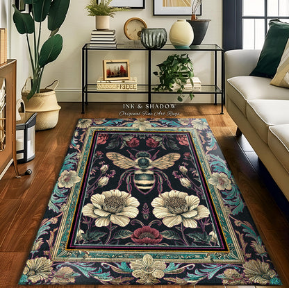 May include: A black and teal rug with a floral design and a bee in the center. The rug has a gold frame and the text "Ink & Shadow Original Fine Art Rugs" is printed at the top.