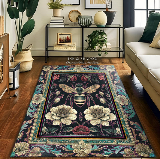 May include: A black and teal rug with a floral design and a bee in the center. The rug has a gold frame and the text "Ink & Shadow Original Fine Art Rugs" is printed at the top.