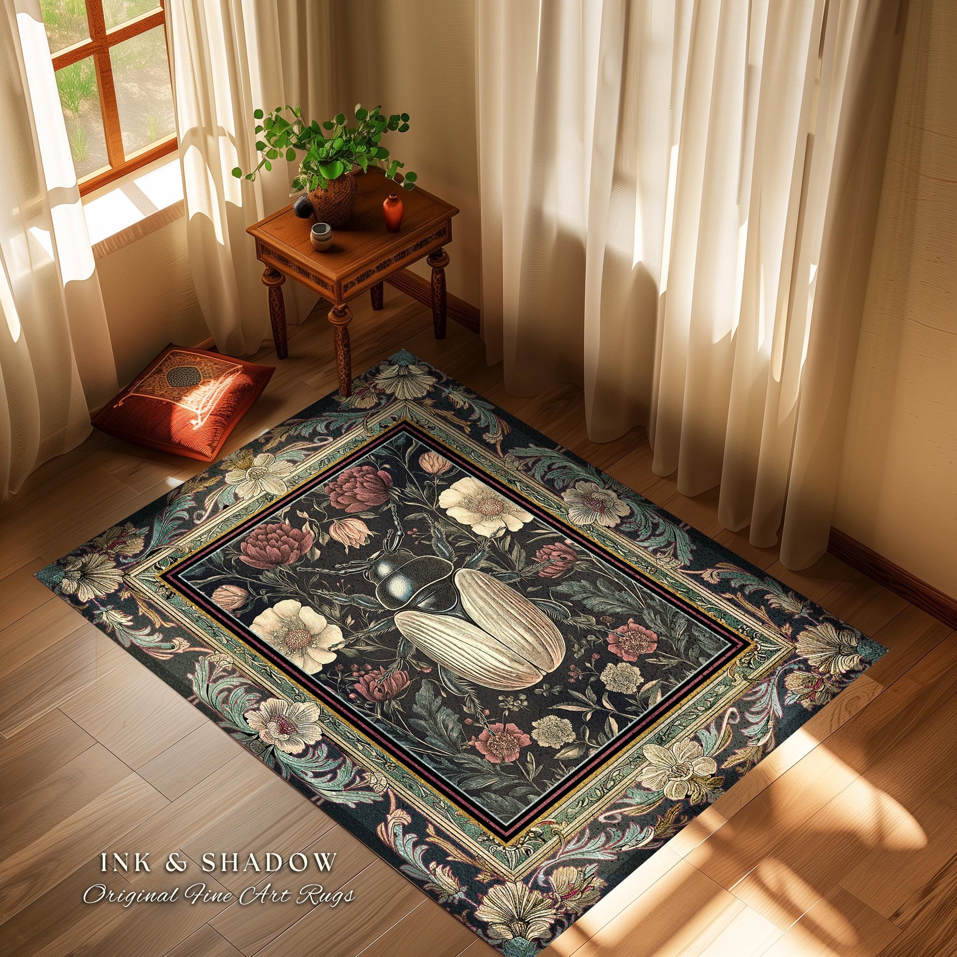 Victorian Gothic Floral Beetle Rug Vintage Aesthetic Dark Botanical Bug Decor | Macabre Whimsigothic Enchanted Forest Wildflower Insect Art
