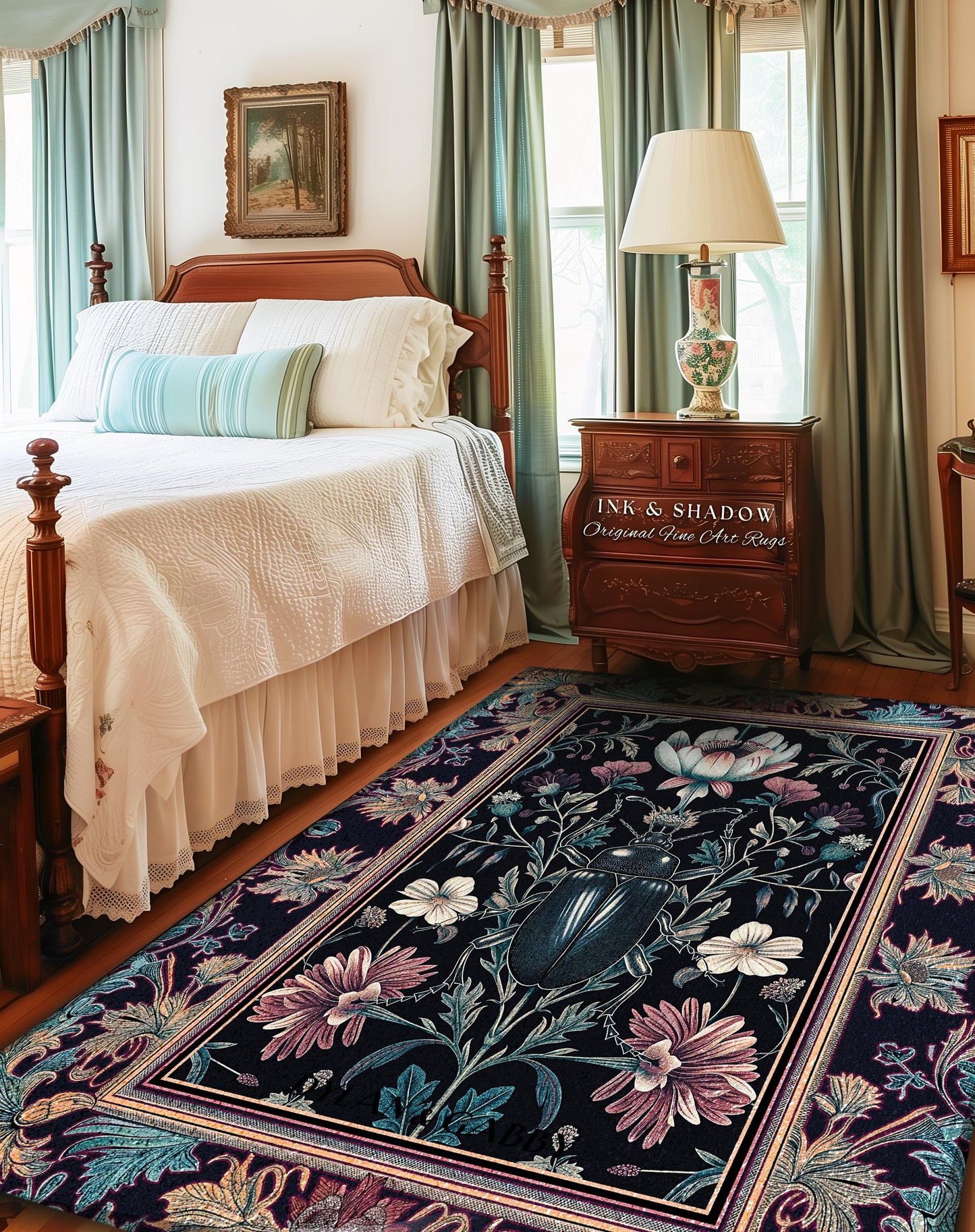 Witchy Whimsigothic Scarab Beetle Rug Enchanted Dark Academia Decor, Mystical Floral Art Victorian Gothic Cottagecore Bug Botanical Accent