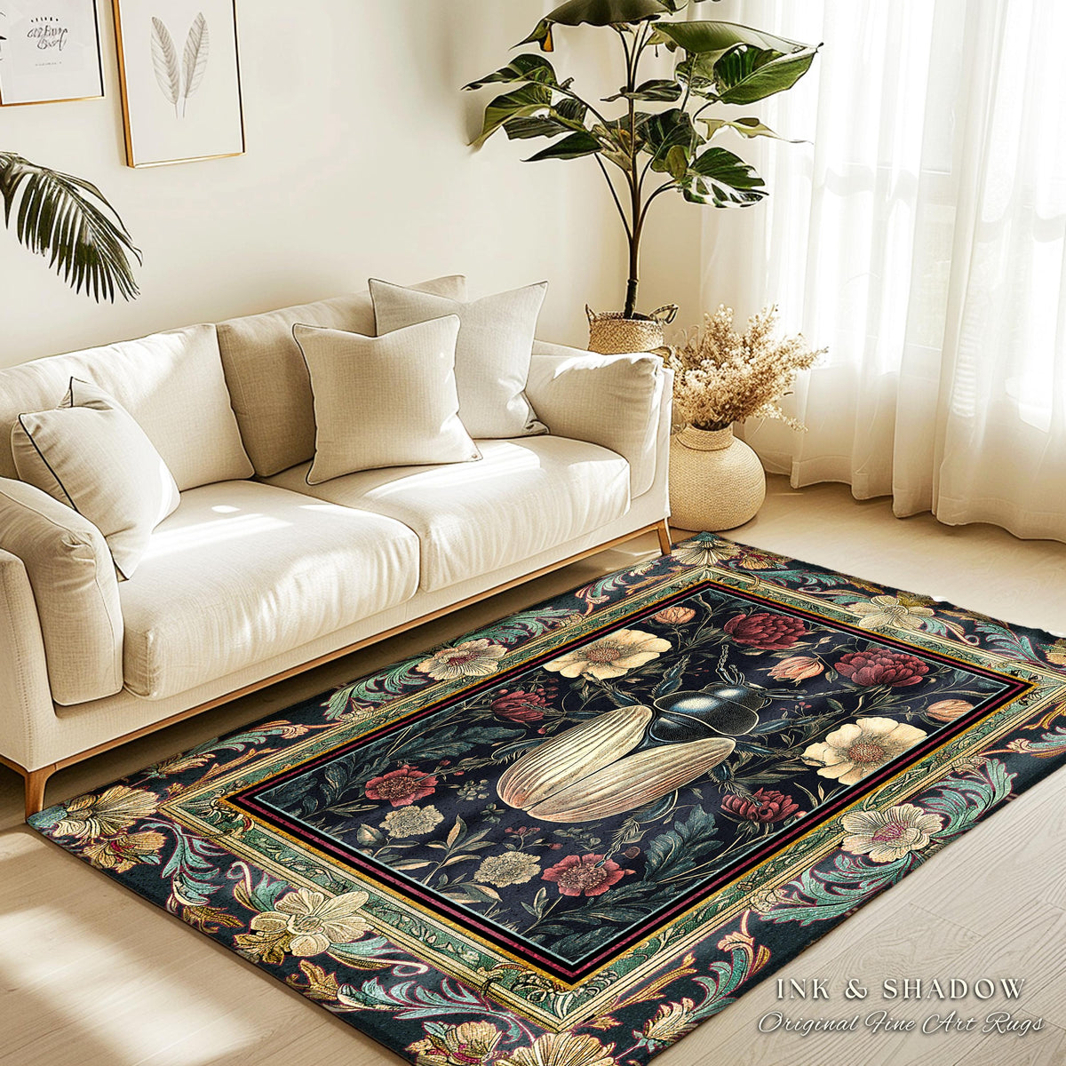 Victorian Gothic Floral Beetle Rug Vintage Aesthetic Dark Botanical Bug Decor | Macabre Whimsigothic Enchanted Forest Wildflower Insect Art