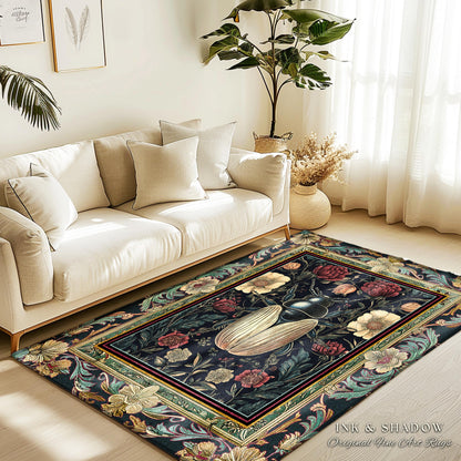 Victorian Gothic Floral Beetle Rug Vintage Aesthetic Dark Botanical Bug Decor | Macabre Whimsigothic Enchanted Forest Wildflower Insect Art