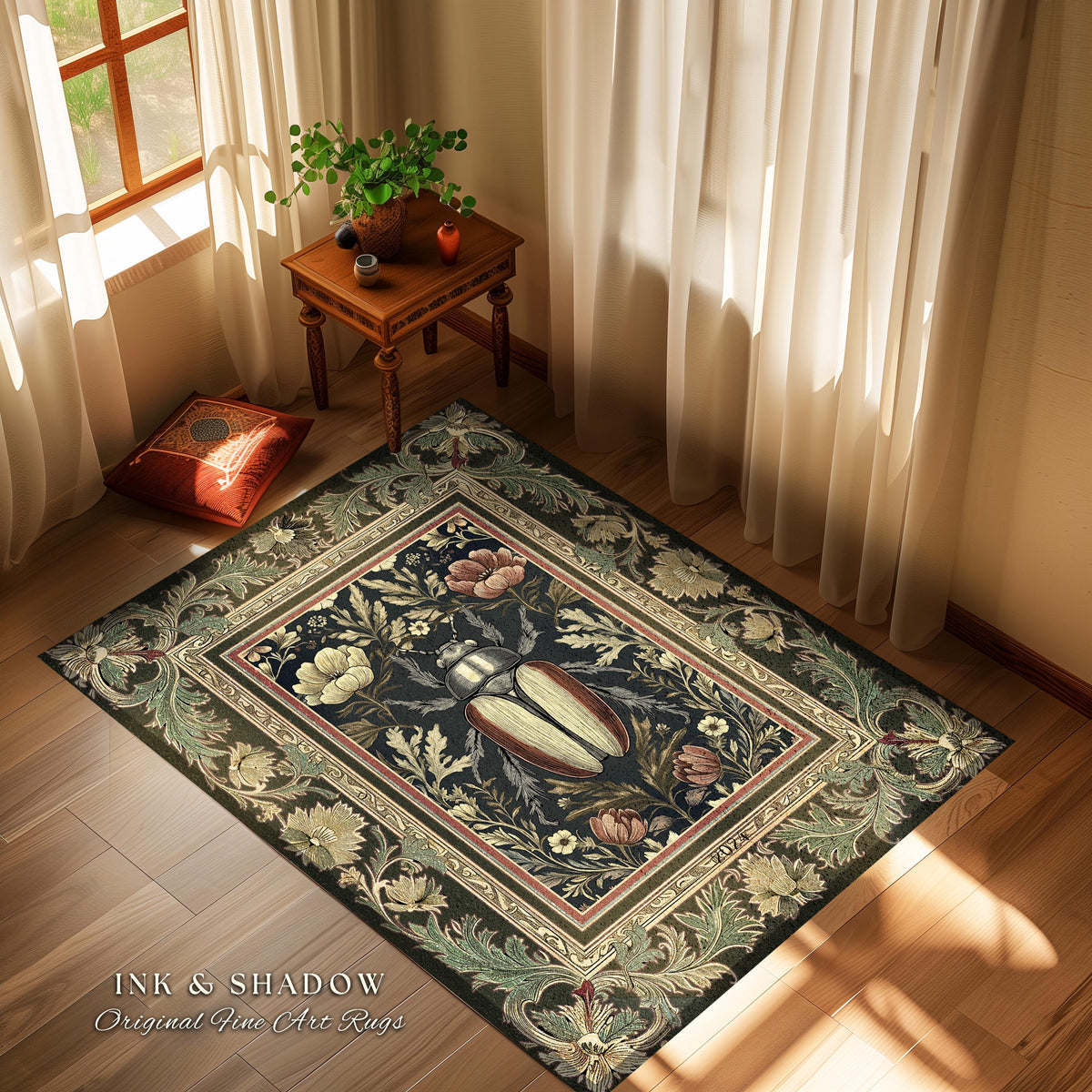Dark Botanical Woodland Gothic Rug Vintage Aesthetic Victorian Beetle Floral Whimsigoth Decor | Witchy Dark Academia Forestcore Bug Art Rug