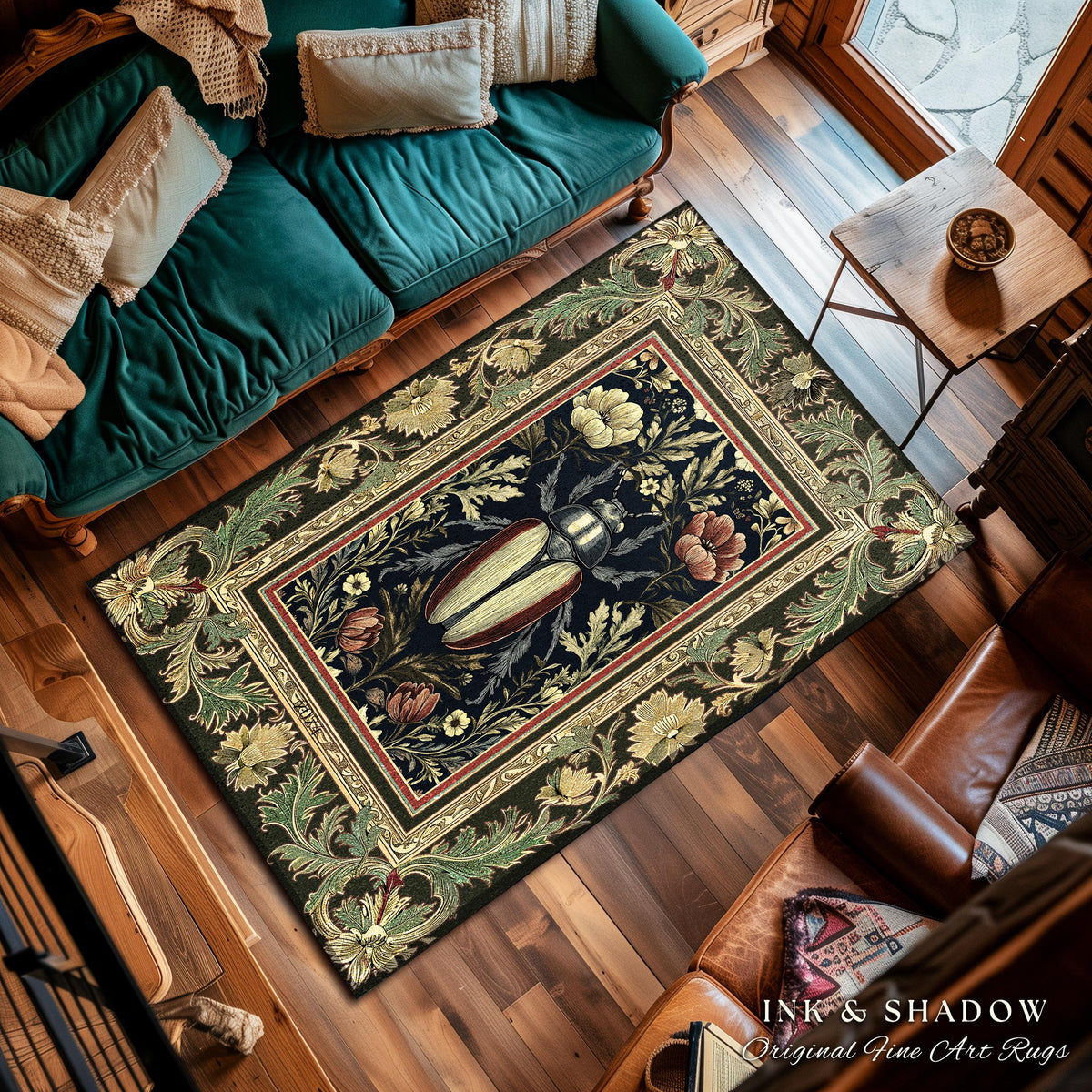 Dark Botanical Woodland Gothic Rug Vintage Aesthetic Victorian Beetle Floral Whimsigoth Decor | Witchy Dark Academia Forestcore Bug Art Rug