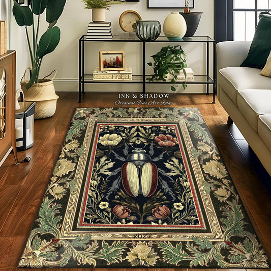 May include: A rectangular area rug with a dark blue background and a central design featuring a large beetle. The rug is framed by a border of floral and leaf patterns in shades of green, gold, and red. The text "INK & SHADOW Original Fine Art Rugs" is visible.