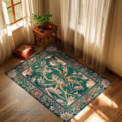 Antiqued Rose Spider Rug Enchanted Gothic Floral Forestcore Decor | Victorian Dark Academia Arachnid Art Vintage Cottagecore Baroque Accent