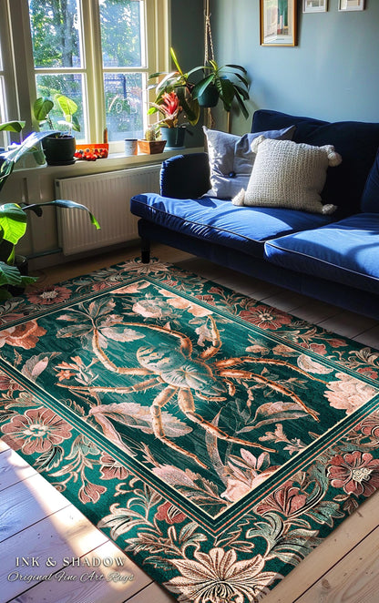 Antiqued Rose Spider Rug Enchanted Gothic Floral Forestcore Decor | Victorian Dark Academia Arachnid Art Vintage Cottagecore Baroque Accent