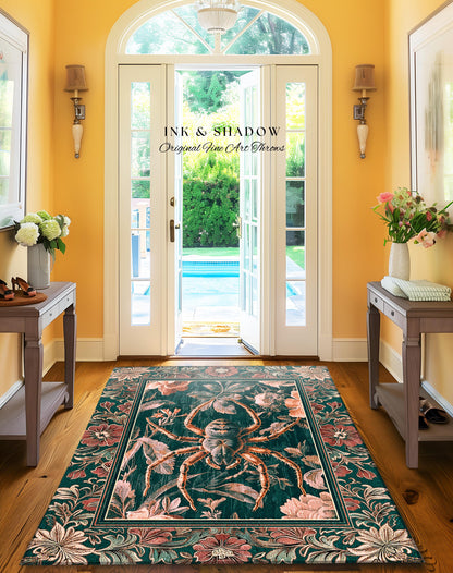 Antiqued Rose Spider Rug Enchanted Gothic Floral Forestcore Decor | Victorian Dark Academia Arachnid Art Vintage Cottagecore Baroque Accent