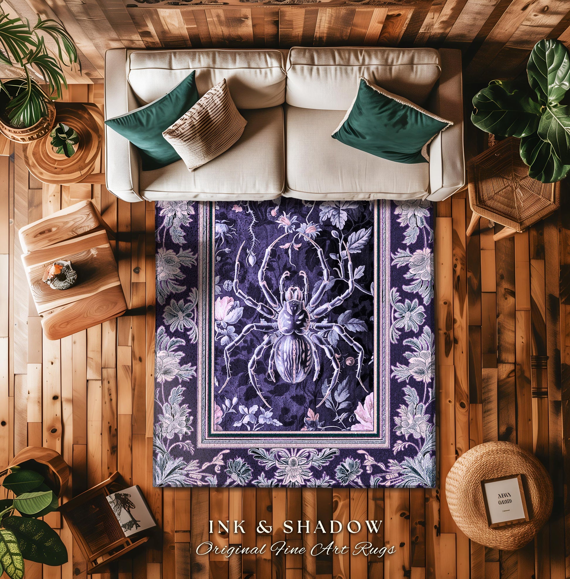 Whimsigothic Purple Spider Rug | Pastel Gothic Victorian Cottagecore Home Decor Witchy Whimsical Enchanted Nature Amethyst Home Accent |