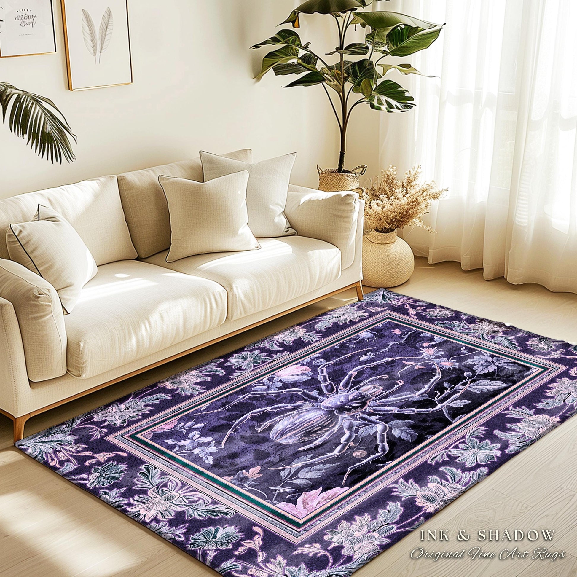 Whimsigothic Purple Spider Rug | Pastel Gothic Victorian Cottagecore Home Decor Witchy Whimsical Enchanted Nature Amethyst Home Accent |