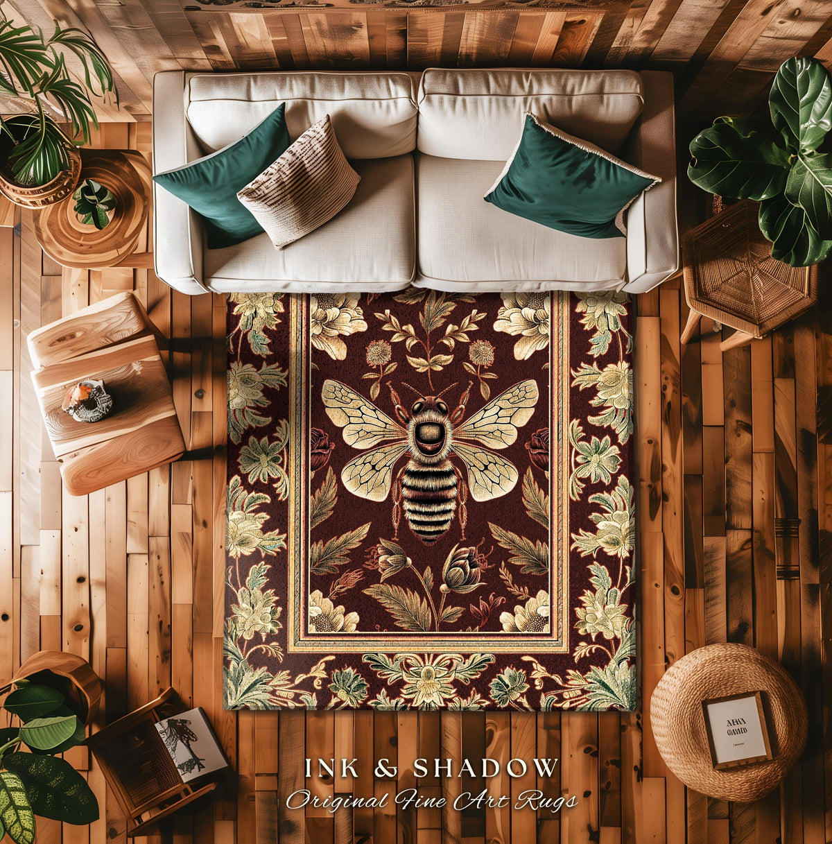 Regal Honeybee Rug Baroque Inspired Vintage Floral Insect Art Decor | Medieval Cottagecore Bee Garden Woodland Whimsy Folklore Home Accent