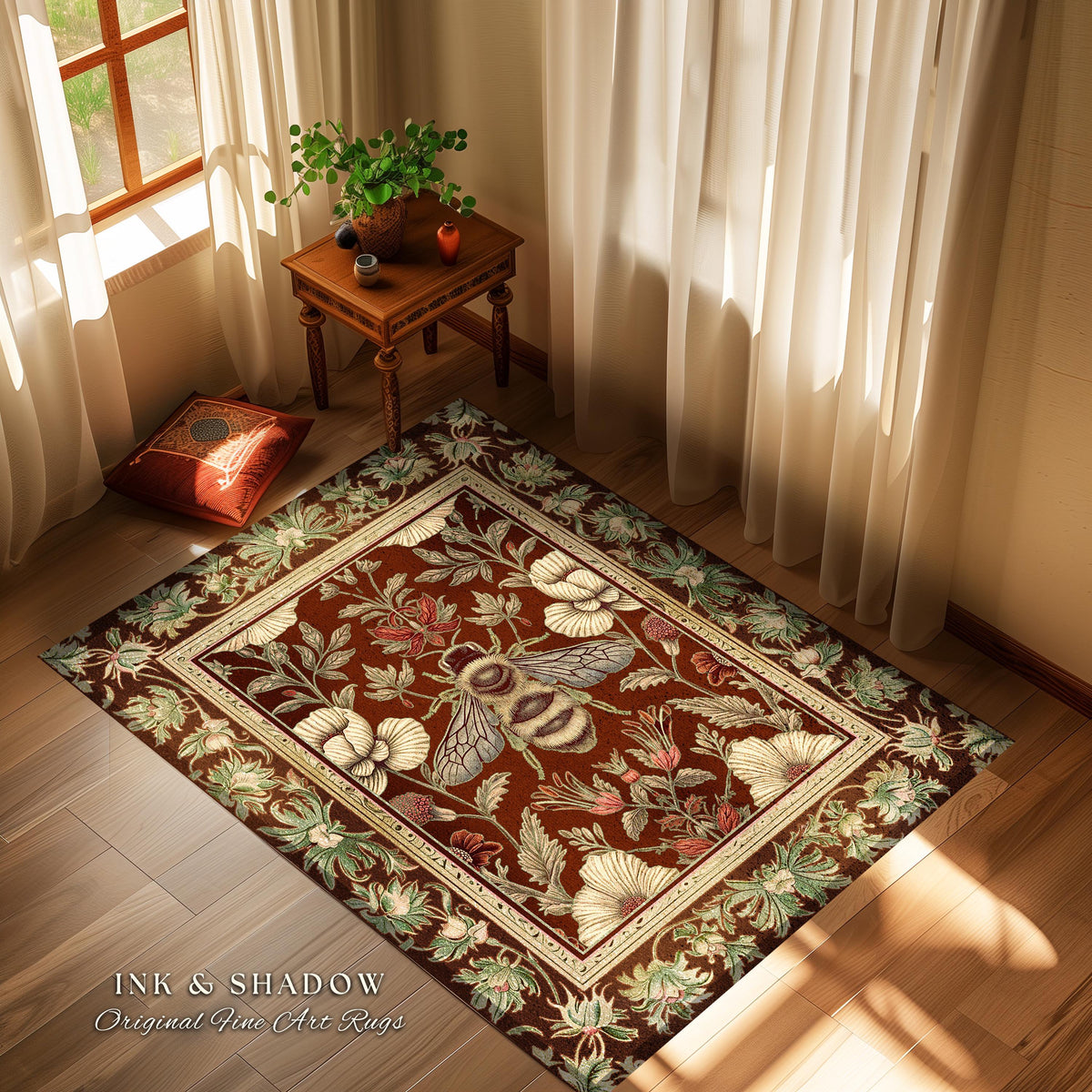 Victorian Gothic Honeybee Rug Enchanted Floral Botanical Bee Art | Romantic Baroque Cottagecore Dark Academia Forestcore Insect Home Decor