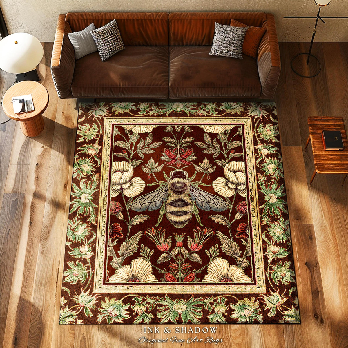 Victorian Gothic Honeybee Rug Enchanted Floral Botanical Bee Art | Romantic Baroque Cottagecore Dark Academia Forestcore Insect Home Decor
