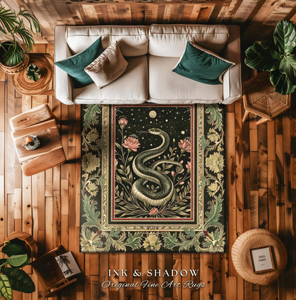 Celestial Serpent Rug Enchanted Floral Gothic Decor | Mystical Moonlit Forest Medieval Snake Art Dark Academia Vintage Baroque Home Accent
