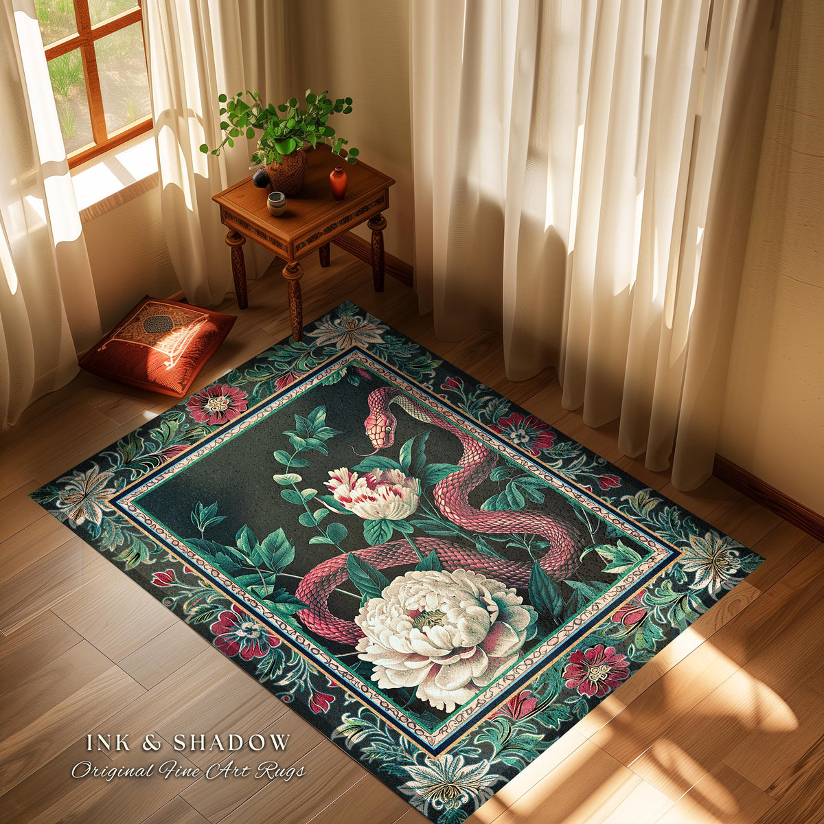Enchanted Forest Snake Rug Dark Woodland Floral Gothic Decor | Mystical Cottagecore Aesthetic Vintage Serpent Medieval Charm Renaissance Art