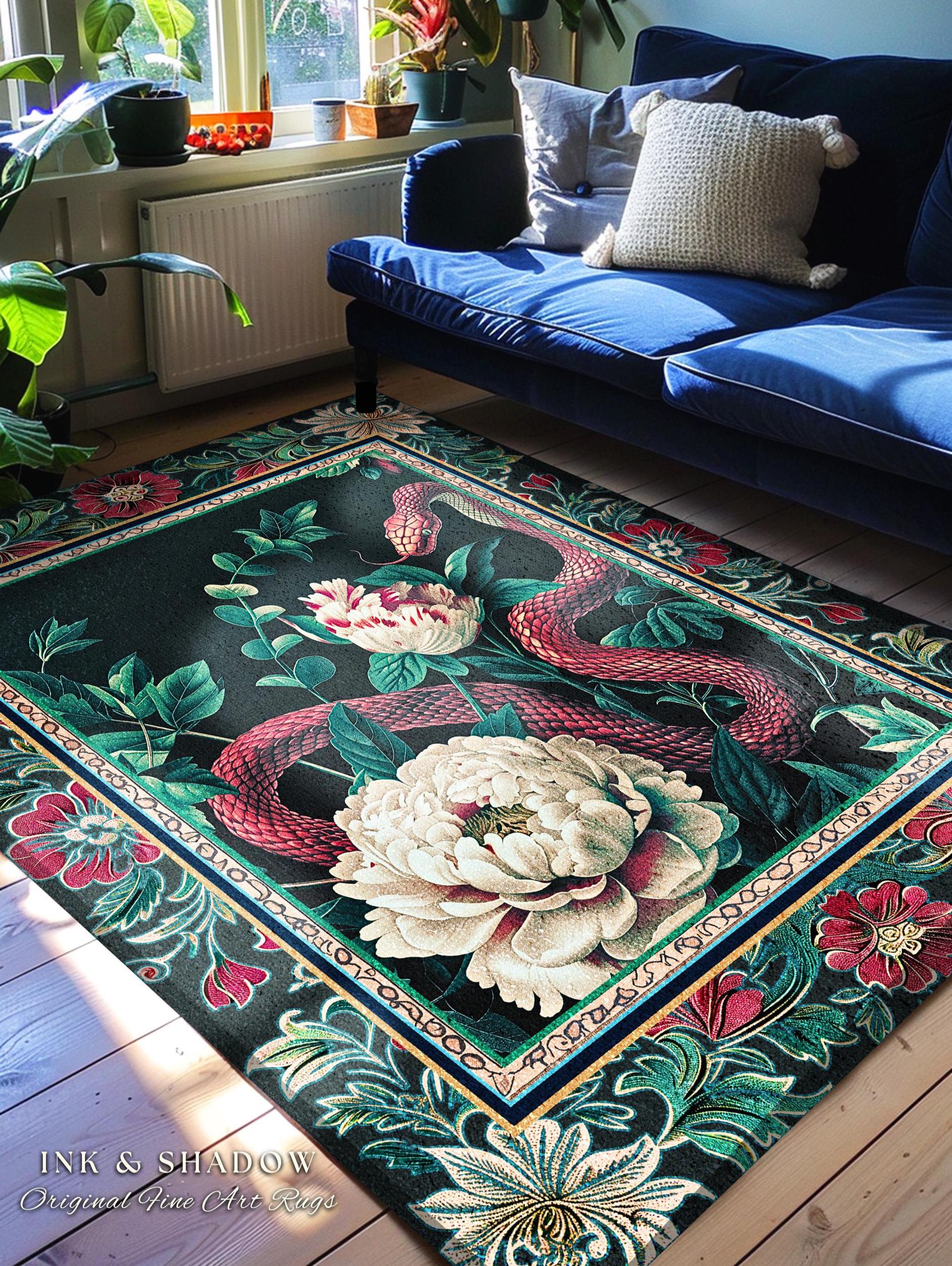 Enchanted Forest Snake Rug Dark Woodland Floral Gothic Decor | Mystical Cottagecore Aesthetic Vintage Serpent Medieval Charm Renaissance Art