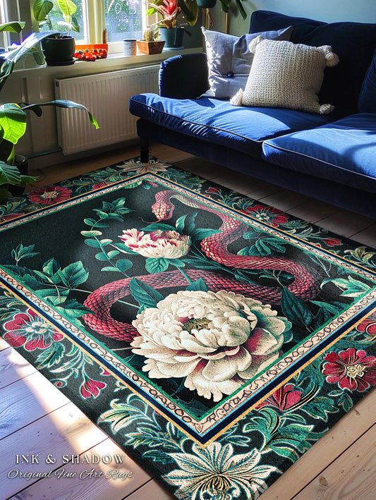 Enchanted Forest Snake Rug Dark Woodland Floral Gothic Decor | Mystical Cottagecore Aesthetic Vintage Serpent Medieval Charm Renaissance Art