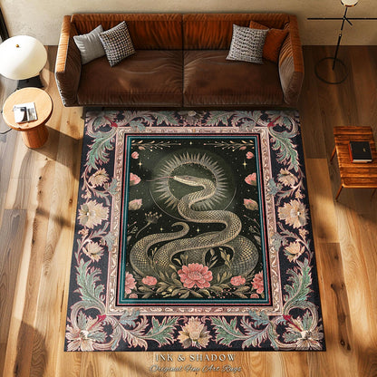 Victorian Rose Serpent Rug Romantic Cottagecore Floral Decor | Enchanted Baroque Snake Art Dark Academia Gothic Pink Fairycore Goblincore