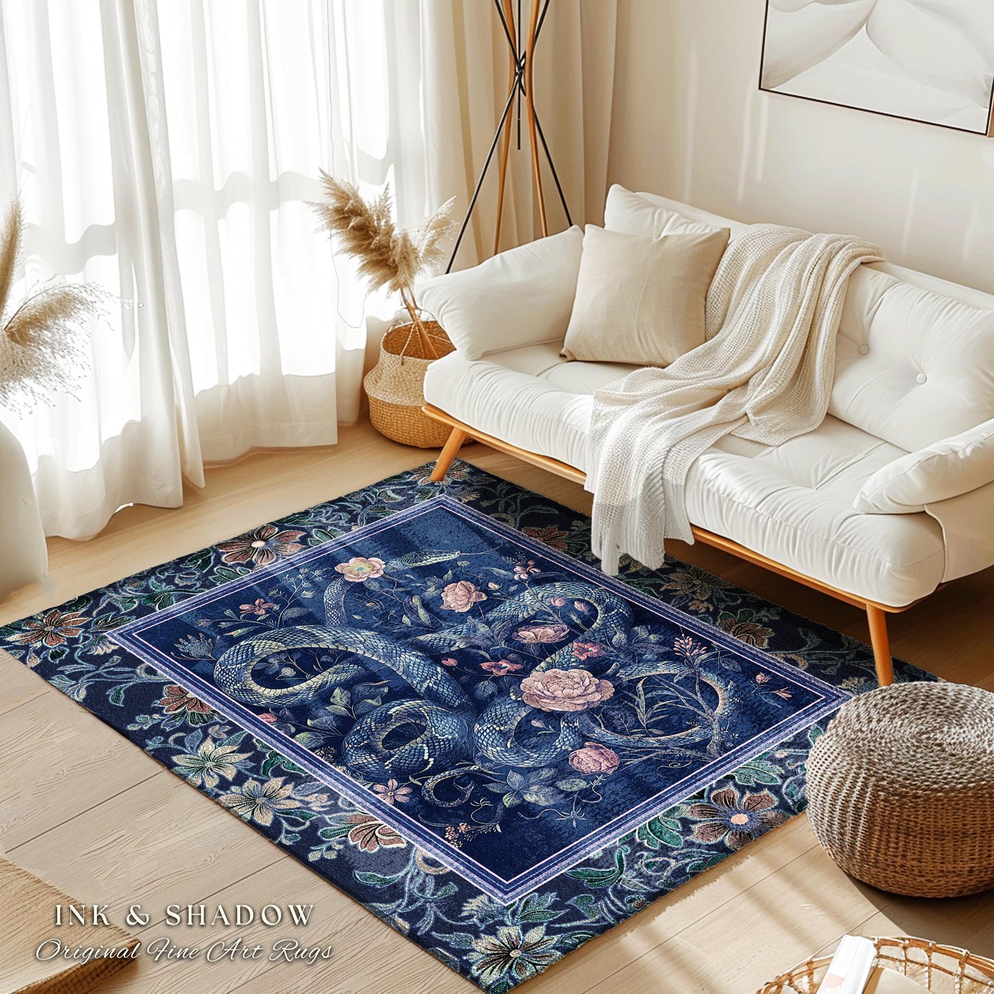 Midnight Blue Dark Floral Serpent Rug Whimsical Vintage Botanical Snake Fairycore | Victorian Gothic Mystic Macabre Art Enchanted Forestcore