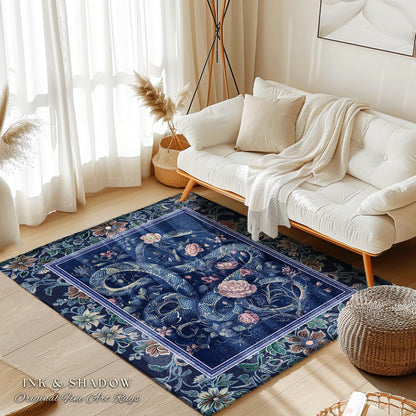 Midnight Blue Dark Floral Serpent Rug Whimsical Vintage Botanical Snake Fairycore | Victorian Gothic Mystic Macabre Art Enchanted Forestcore