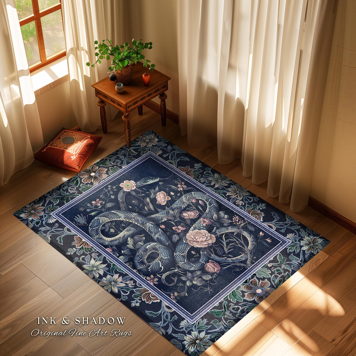 Midnight Blue Dark Floral Serpent Rug Whimsical Vintage Botanical Snake Fairycore | Victorian Gothic Mystic Macabre Art Enchanted Forestcore