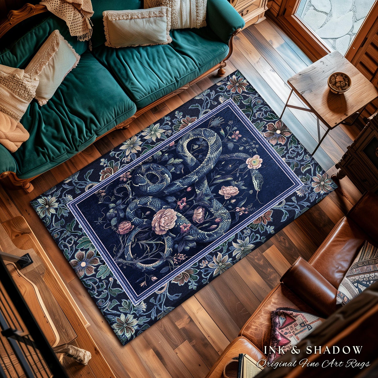 Midnight Blue Dark Floral Serpent Rug Whimsical Vintage Botanical Snake Fairycore | Victorian Gothic Mystic Macabre Art Enchanted Forestcore