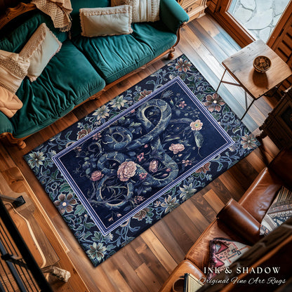 Midnight Blue Dark Floral Serpent Rug Whimsical Vintage Botanical Snake Fairycore | Victorian Gothic Mystic Macabre Art Enchanted Forestcore