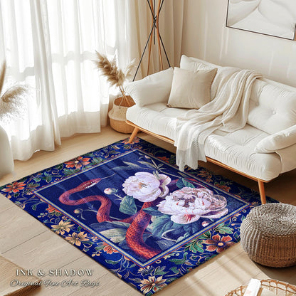 Moody Dark Botanical Serpent Enchanted Floral Rug Exotic Gothic Aesthetic, Ethereal Woodland Snake Victorian Art Nouveau Midnight Blue Decor