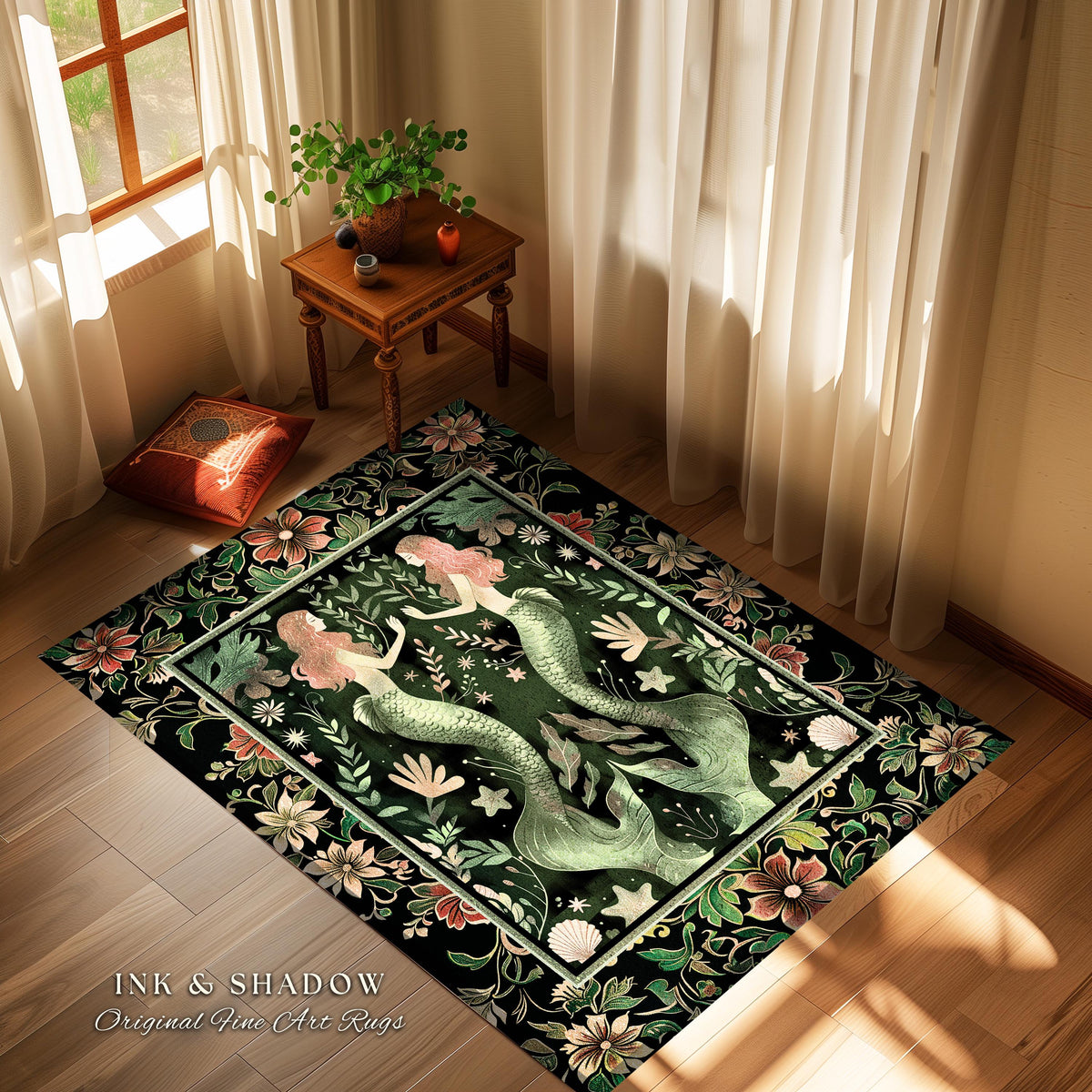 Enchanted Ocean Mermaid Floral Sea Life Rug | Vintage Emerald Green Whimsical Coastal Cottagecore Art Nouveau Underwater Fantasy Ocean Decor