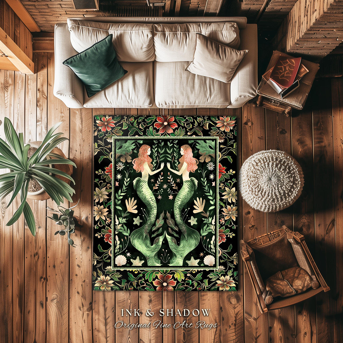 Enchanted Ocean Mermaid Floral Sea Life Rug | Vintage Emerald Green Whimsical Coastal Cottagecore Art Nouveau Underwater Fantasy Ocean Decor