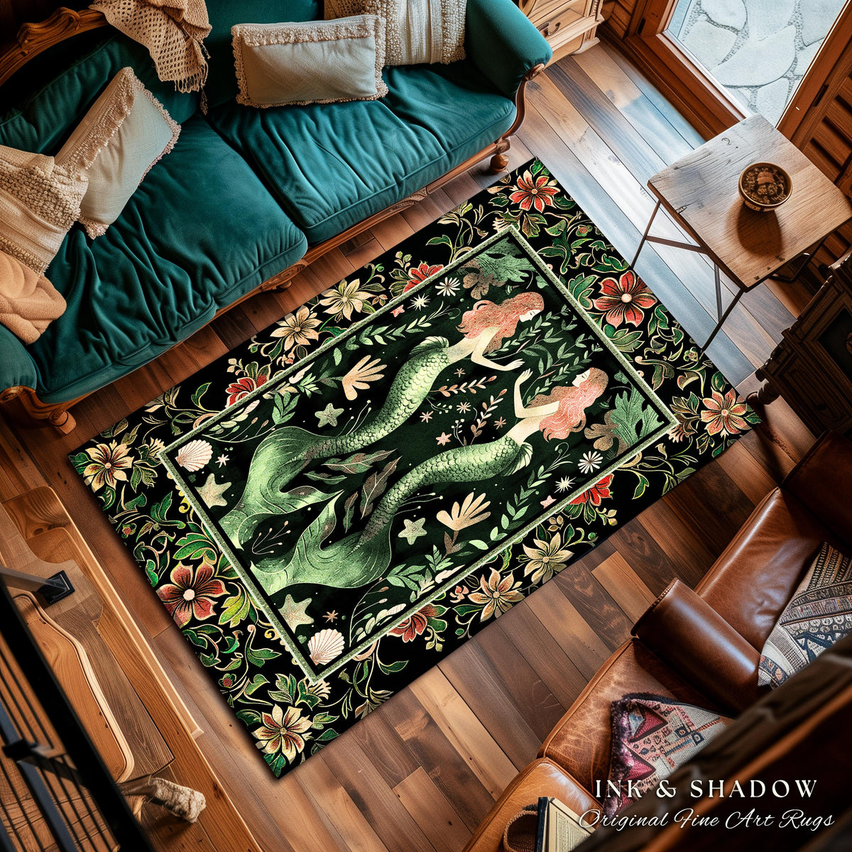 Enchanted Ocean Mermaid Floral Sea Life Rug | Vintage Emerald Green Whimsical Coastal Cottagecore Art Nouveau Underwater Fantasy Ocean Decor