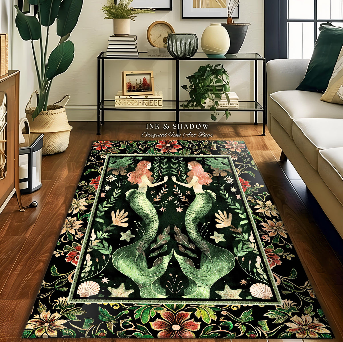 Enchanted Ocean Mermaid Floral Sea Life Rug | Vintage Emerald Green Whimsical Coastal Cottagecore Art Nouveau Underwater Fantasy Ocean Decor