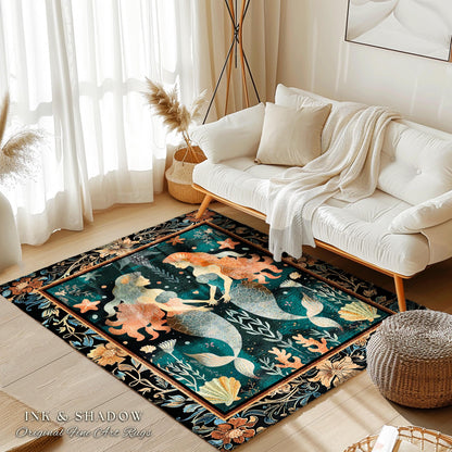 Whimsical Art Nouveau Mermaid Rug Costal Cottagecore | Enchanted Underwater Folklore Art Mystical Sea Nymph Nautical Marine Life Scene Decor