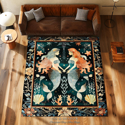 Whimsical Art Nouveau Mermaid Rug Costal Cottagecore | Enchanted Underwater Folklore Art Mystical Sea Nymph Nautical Marine Life Scene Decor
