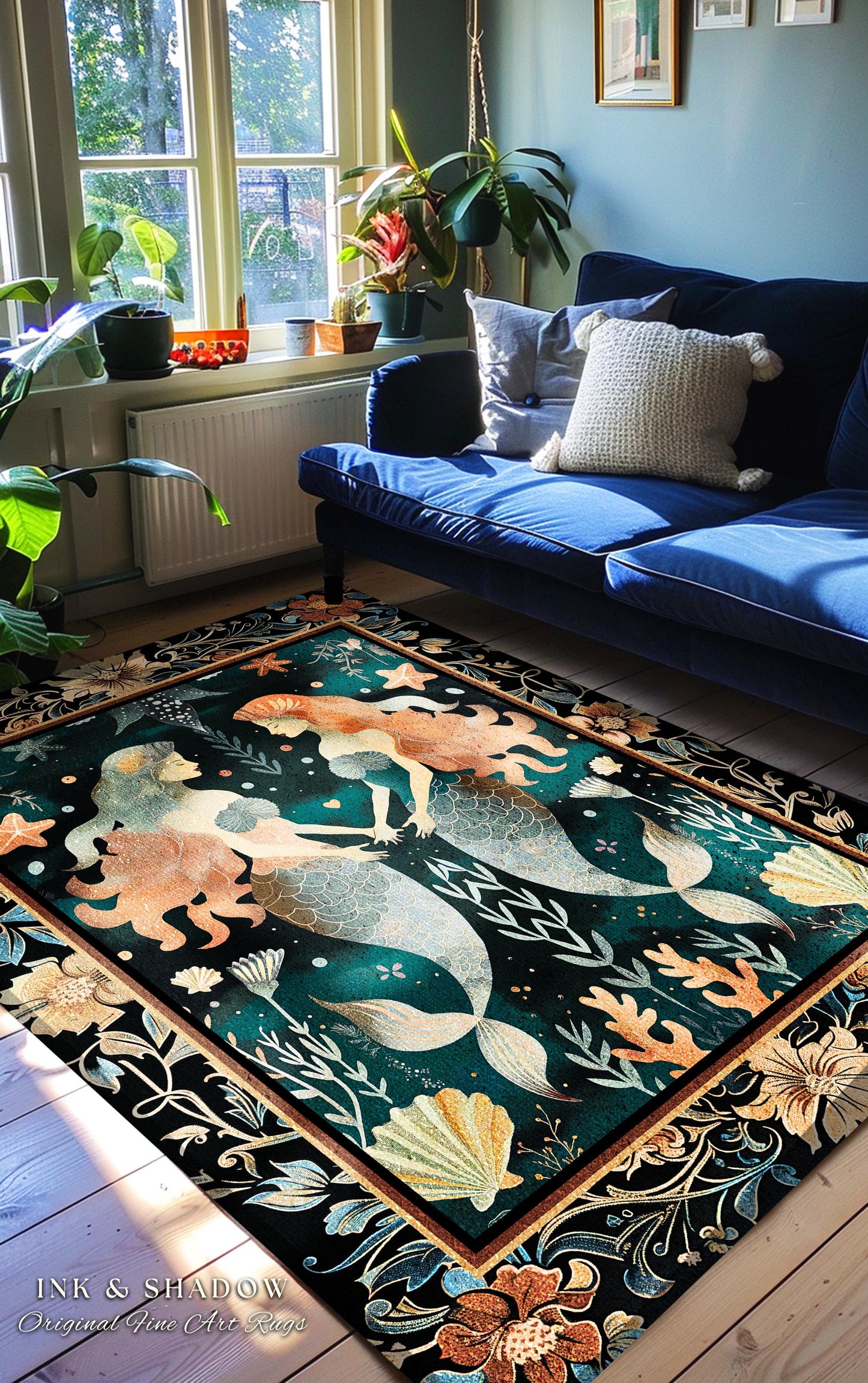 Whimsical Art Nouveau Mermaid Rug Costal Cottagecore | Enchanted Underwater Folklore Art Mystical Sea Nymph Nautical Marine Life Scene Decor