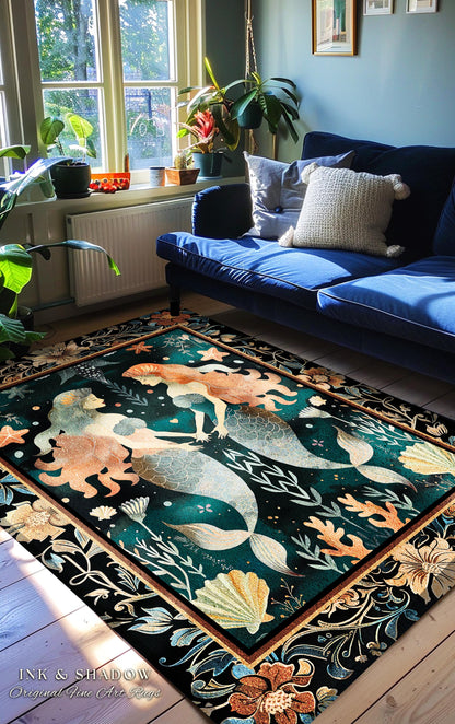 Whimsical Art Nouveau Mermaid Rug Costal Cottagecore | Enchanted Underwater Folklore Art Mystical Sea Nymph Nautical Marine Life Scene Decor