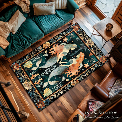 Whimsical Art Nouveau Mermaid Rug Costal Cottagecore | Enchanted Underwater Folklore Art Mystical Sea Nymph Nautical Marine Life Scene Decor
