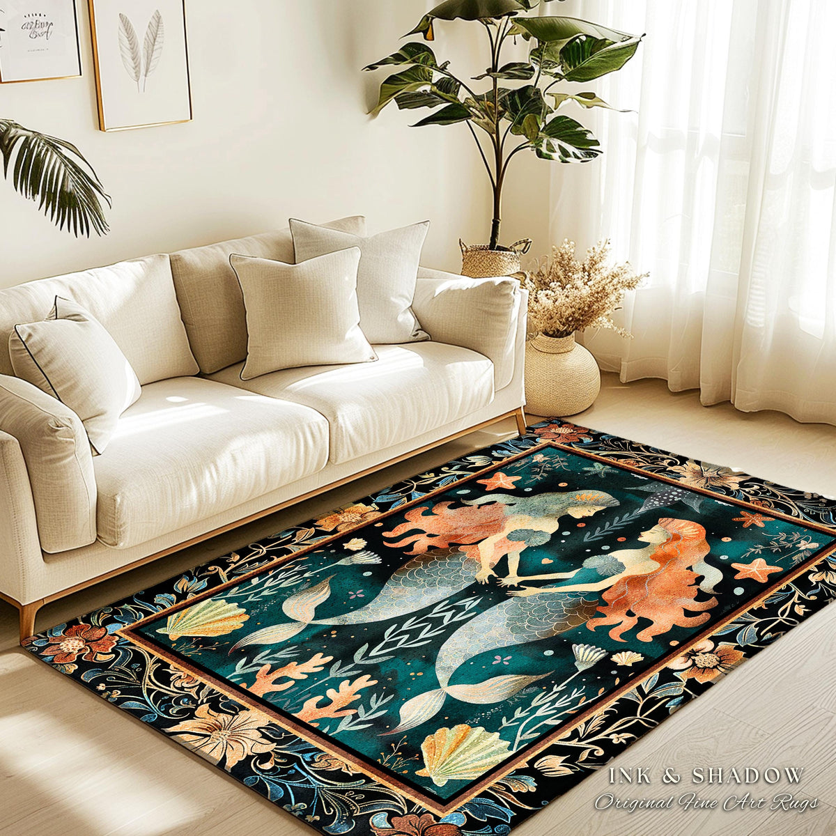 Whimsical Art Nouveau Mermaid Rug Costal Cottagecore | Enchanted Underwater Folklore Art Mystical Sea Nymph Nautical Marine Life Scene Decor
