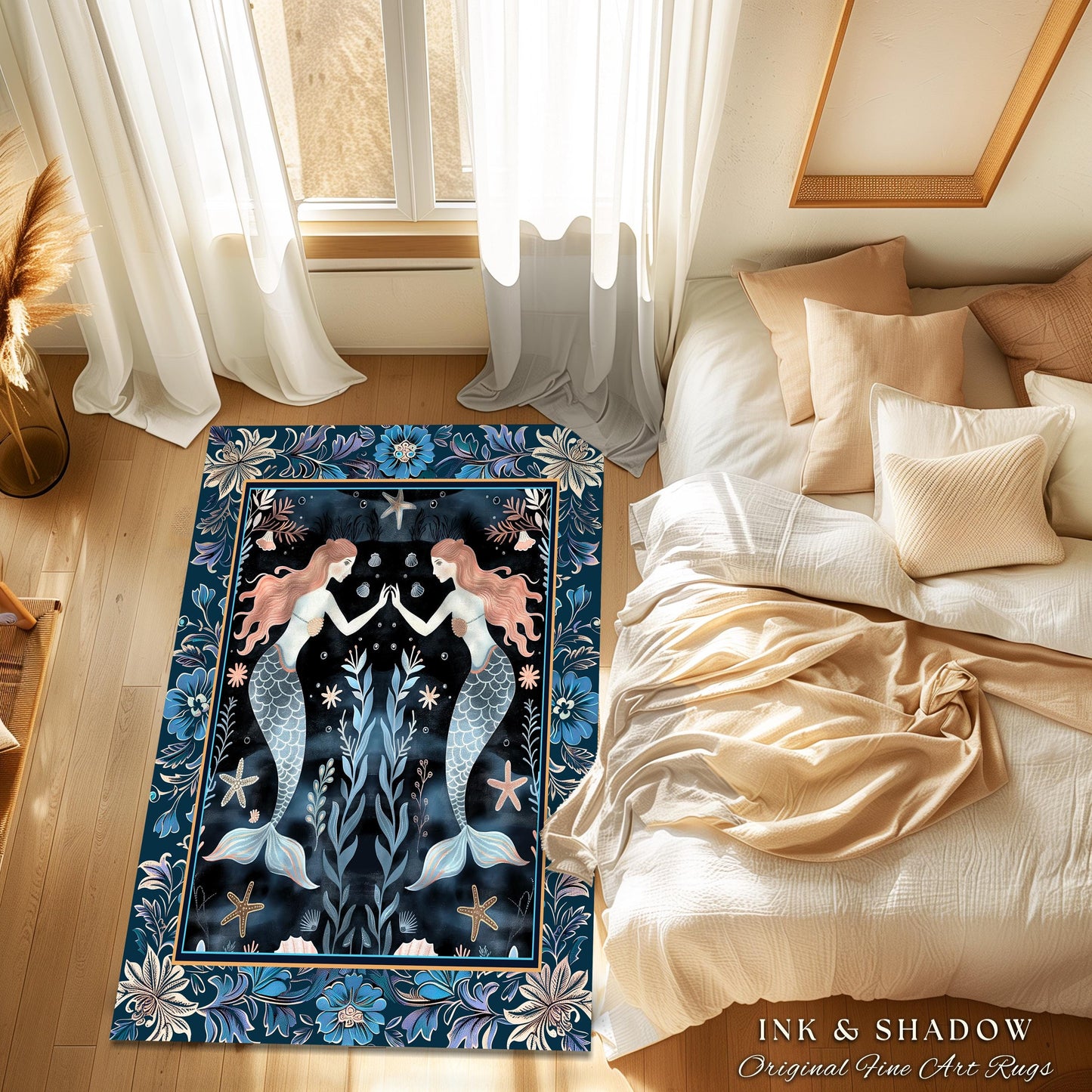 Mystical Midnight Blue Mermaid Rug Floral Oceanic Decor | Art Nouveau Coastal Cottagecore Whimsical Sea Nymph Nautical Fantasy Floor Accent