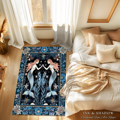 Mystical Midnight Blue Mermaid Rug Floral Oceanic Decor | Art Nouveau Coastal Cottagecore Whimsical Sea Nymph Nautical Fantasy Floor Accent