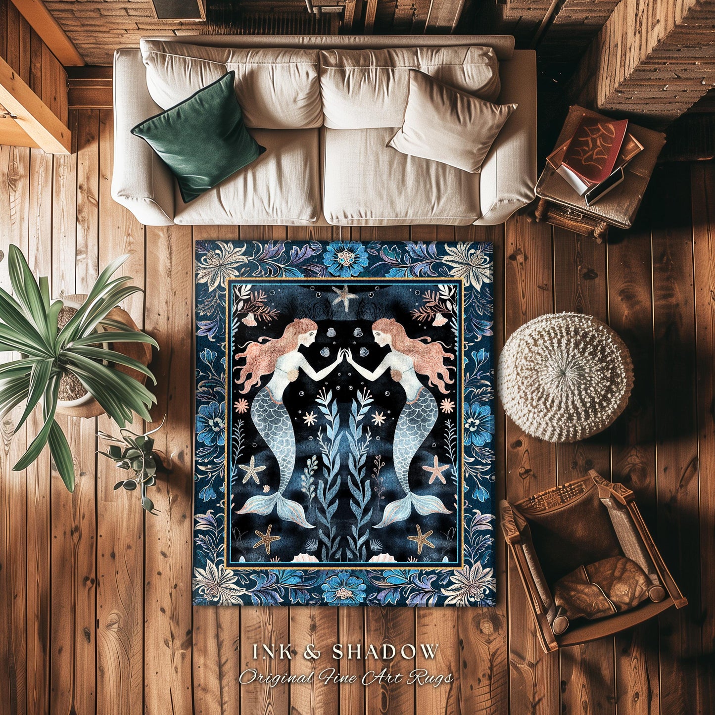 Mystical Midnight Blue Mermaid Rug Floral Oceanic Decor | Art Nouveau Coastal Cottagecore Whimsical Sea Nymph Nautical Fantasy Floor Accent