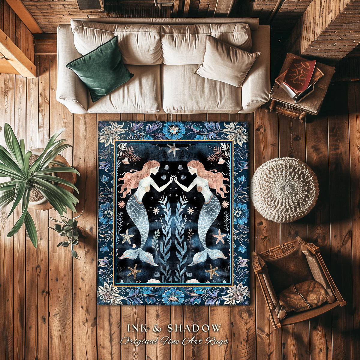 Mystical Midnight Blue Mermaid Rug Floral Oceanic Decor | Art Nouveau Coastal Cottagecore Whimsical Sea Nymph Nautical Fantasy Floor Accent