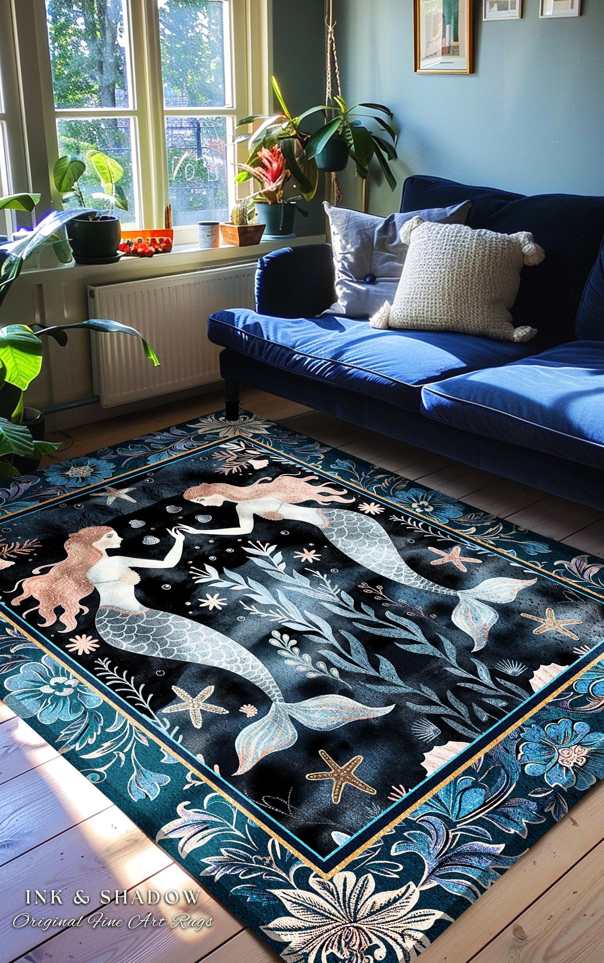 Mystical Midnight Blue Mermaid Rug Floral Oceanic Decor | Art Nouveau Coastal Cottagecore Whimsical Sea Nymph Nautical Fantasy Floor Accent