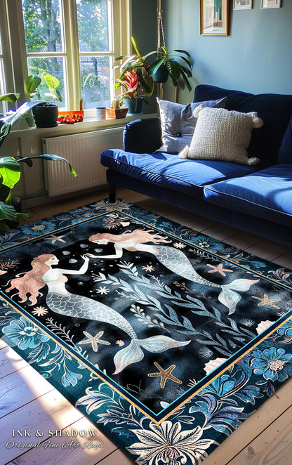 Mystical Midnight Blue Mermaid Rug Floral Oceanic Decor | Art Nouveau Coastal Cottagecore Whimsical Sea Nymph Nautical Fantasy Floor Accent
