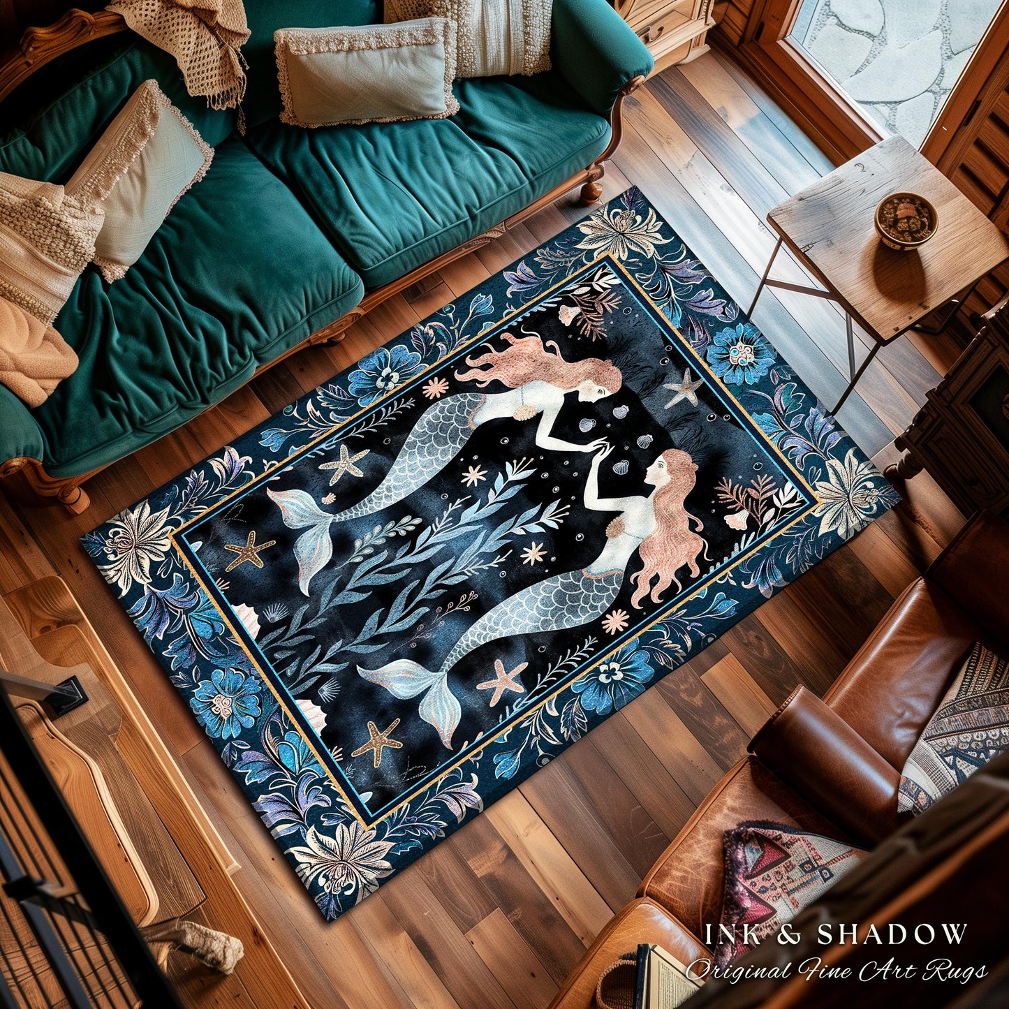 Mystical Midnight Blue Mermaid Rug Floral Oceanic Decor | Art Nouveau Coastal Cottagecore Whimsical Sea Nymph Nautical Fantasy Floor Accent
