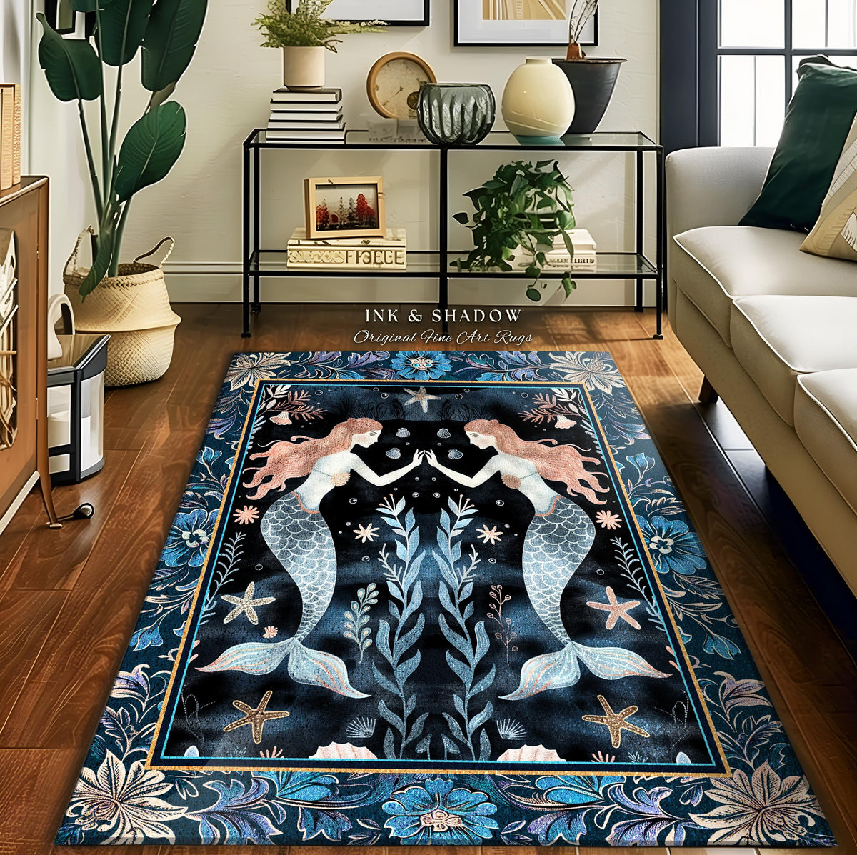 Mystical Midnight Blue Mermaid Rug Floral Oceanic Decor | Art Nouveau Coastal Cottagecore Whimsical Sea Nymph Nautical Fantasy Floor Accent