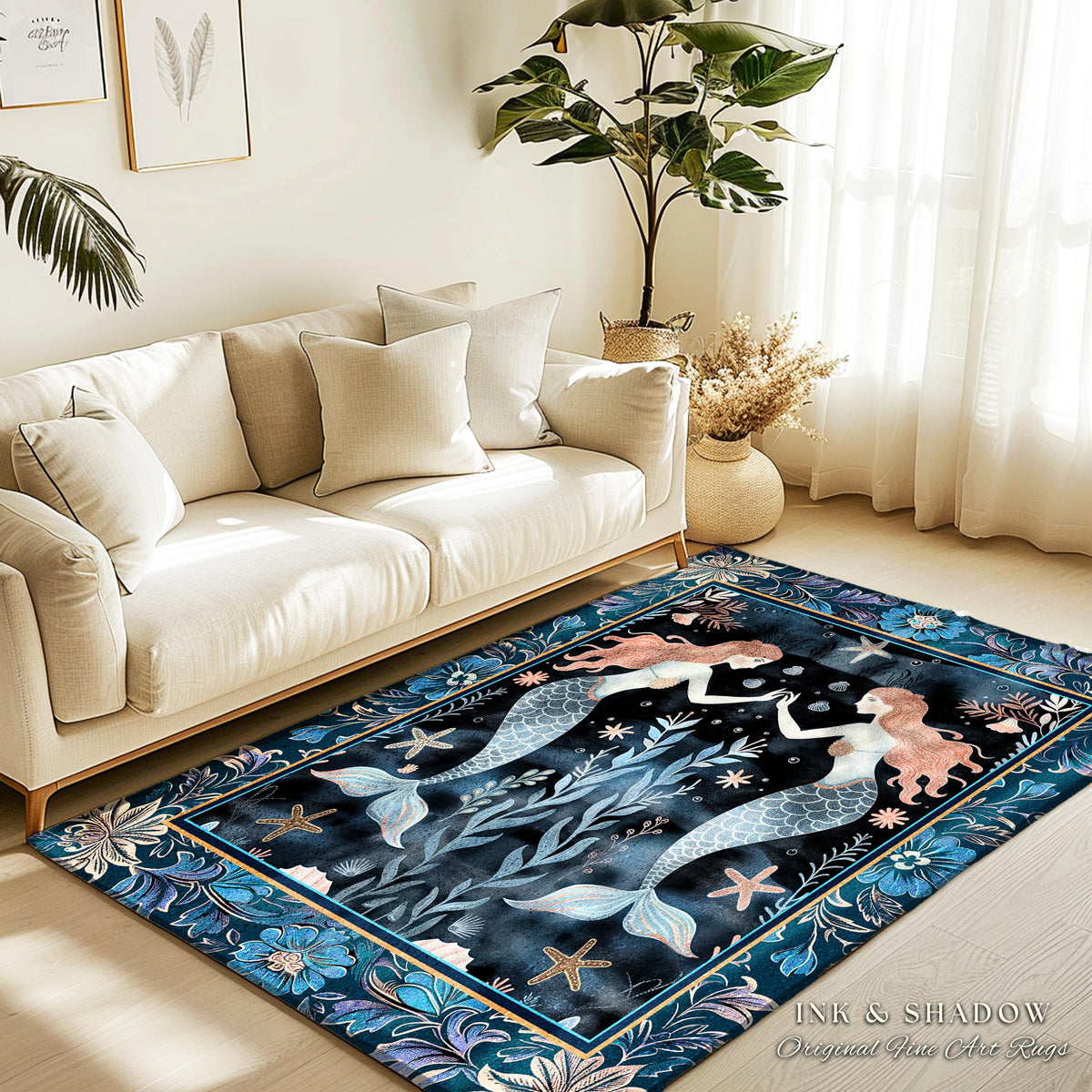 Mystical Midnight Blue Mermaid Rug Floral Oceanic Decor | Art Nouveau Coastal Cottagecore Whimsical Sea Nymph Nautical Fantasy Floor Accent
