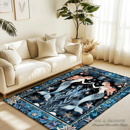 Mystical Midnight Blue Mermaid Rug Floral Oceanic Decor | Art Nouveau Coastal Cottagecore Whimsical Sea Nymph Nautical Fantasy Floor Accent