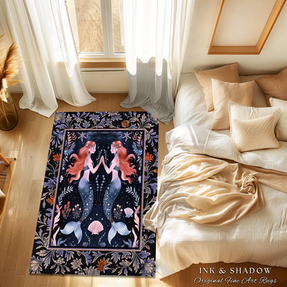 Ocean Sea Nymph Rug Art Nouveau Mystical Mermaid Underwater Decor | Whimsical Dark Oceanic Enchanted Fantasy Folklore Floor Mat Home Accent